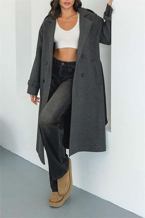 XXL Butik kadın antrasit ithal kumaş kaşe kaban X-NBMYLK26