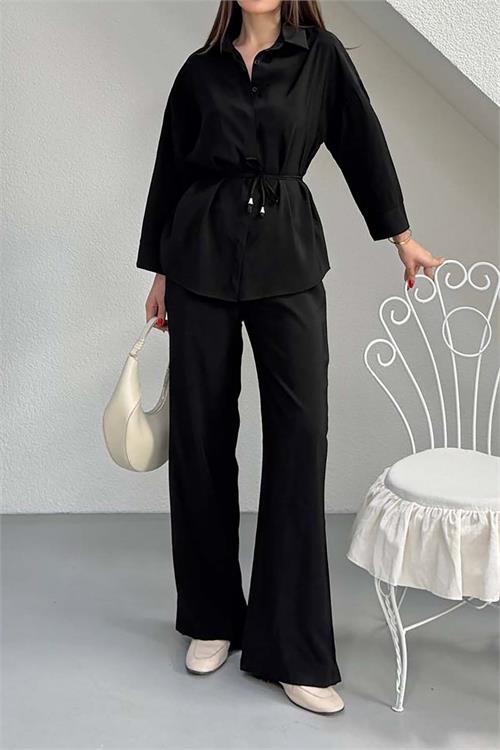 Kadın Siyah Modal Gömlek Yaka Büzgü Detaylı Pantolon Takım ESR045 