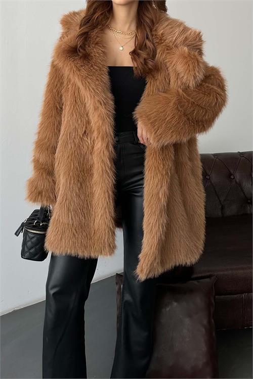Kadın Taba Kürk Kruvaze Yaka Düğmeli Oversize Mont ESR001 
