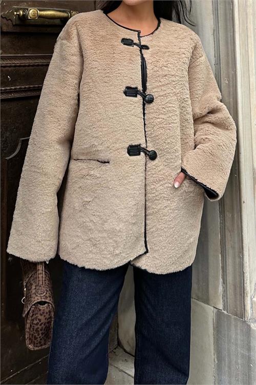 Kadın düğmeli oversize peluş ceket ESRMYLK31