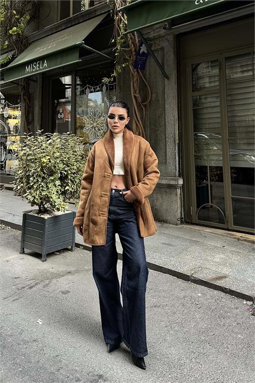 Kadın Kahverengi Süet Görünümlü İçi Kürklü Ceket ESR021 