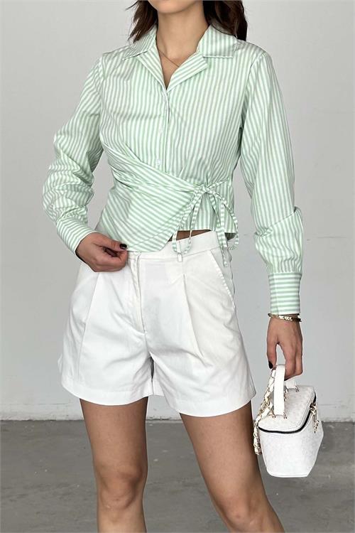 Kadın Yeşil Çizgili Bağlama Detaylı Kruvaze Gömlek ESR062 