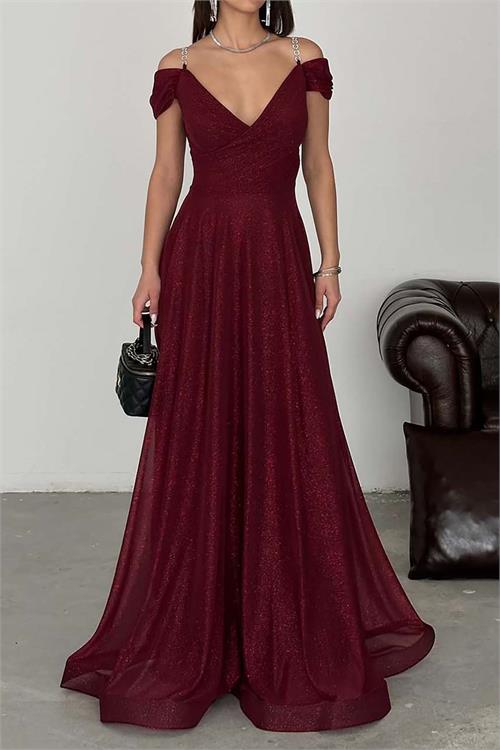 Kadın Beden Bordo Işıltılı Omuz Detaylı Büyük Beden Abiye Elbise ESR068 