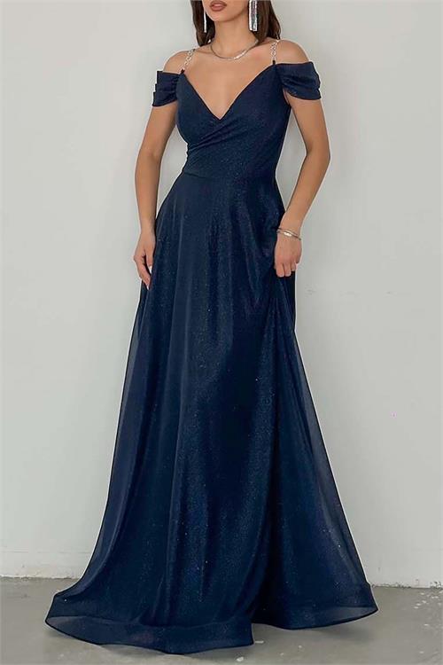 Kadın Lacivert Işıltılı Omuz Detaylı Büyük Beden Abiye Elbise ESR068 