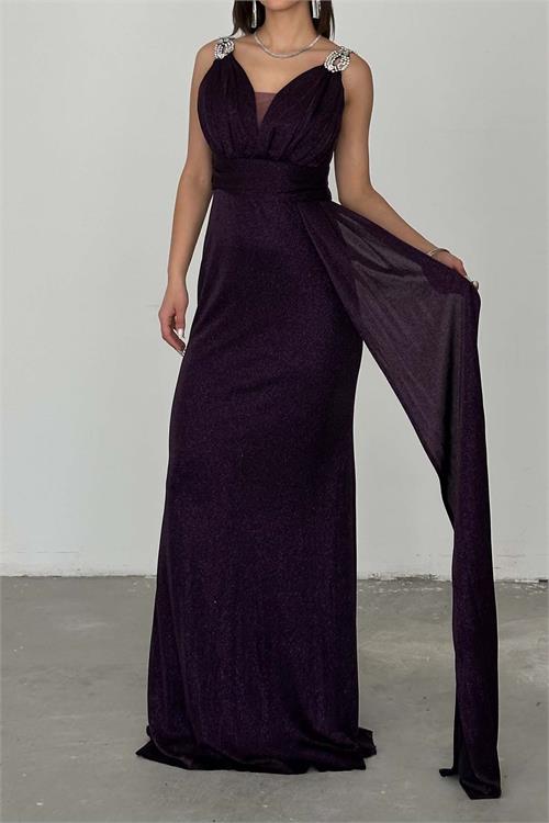 Kadın Mor Simli Kumaş Büyük Beden Abiye Elbise ESR073 