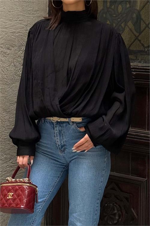 Kadın Siyah Drapeli Bluz Balıkçı Yaka Uzun Kollu ESR077