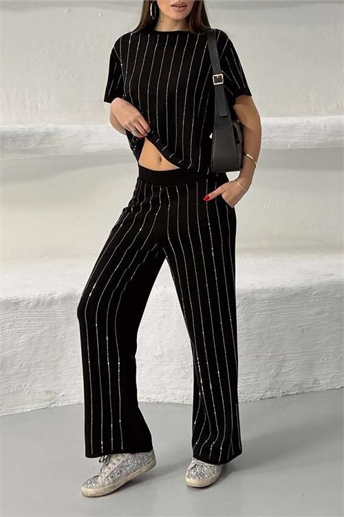 Kadın Siyah Çizgili Taş Detaylı Pantolon Tişört Takım ESR028 