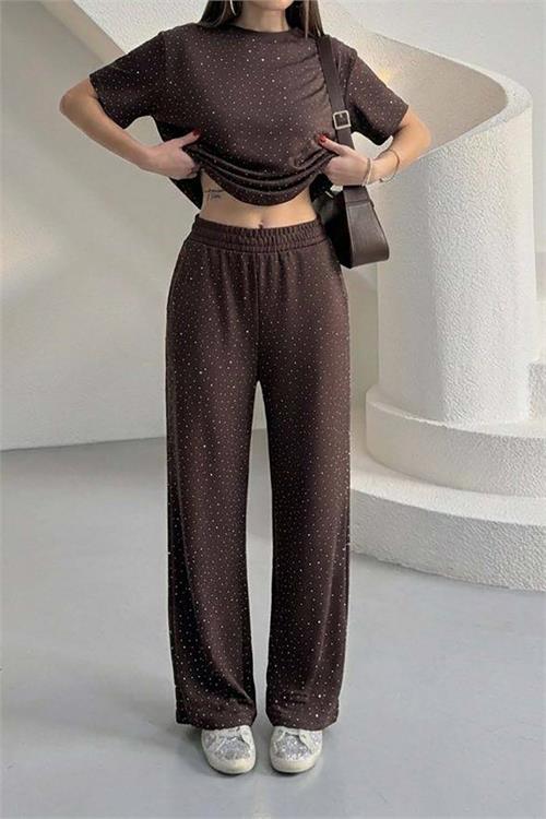 Kadın Kahverengi Modal Kumaş Taş Detaylı Pantolon Tişört Takım ESR044 