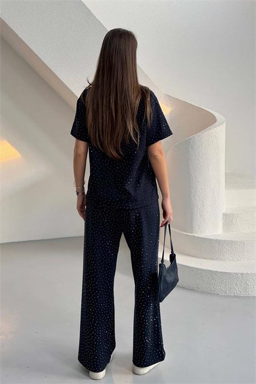 Kadın Lacivert Modal Kumaş Taş Detaylı Pantolon Tişört Takım ESR044 