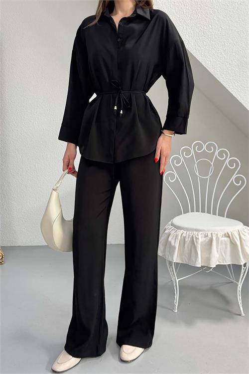 Kadın Siyah Modal Gömlek Yaka Büzgü Detaylı Pantolon Takım ESR045 