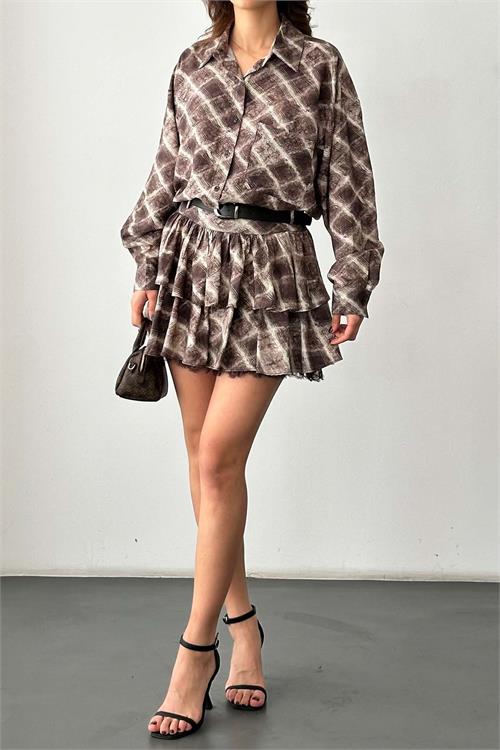 Kadın Ekose Gömlek Yaka Etek Takım – Kemer Dahil ESR049 