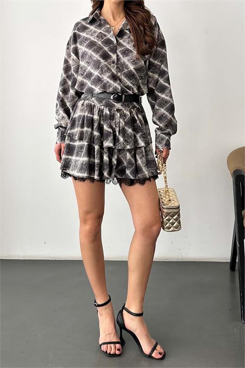 Kadın Ekose Gömlek Yaka Etek Takım – Kemer Dahil ESR049 