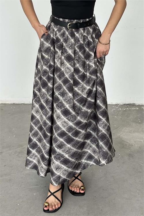 Kadın Desenli Tesettür Uzun Etek Kemer Detaylı ESR060 