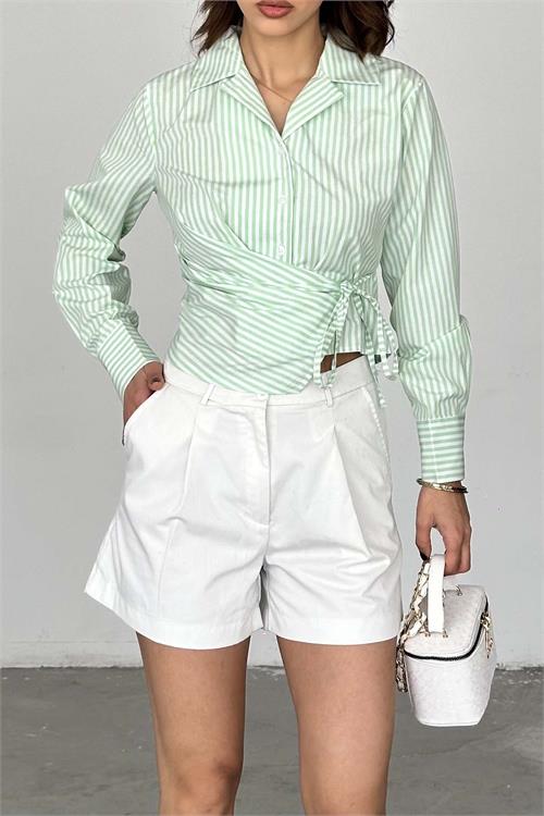 Kadın Yeşil Çizgili Bağlama Detaylı Kruvaze Gömlek ESR062 