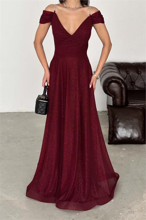 Kadın Beden Bordo Işıltılı Omuz Detaylı Büyük Beden Abiye Elbise ESR068 