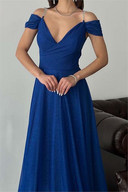 Kadın Saks Mavisi Işıltılı Omuz Detaylı Büyük Beden Abiye Elbise ESR068 