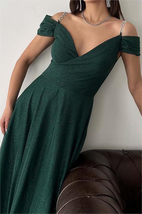 Kadın Zümrüt Yeşili Işıltılı Omuz Detaylı Büyük Beden Abiye Elbise ESR068 