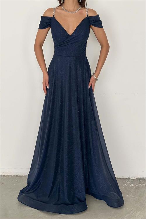 Kadın Lacivert Işıltılı Omuz Detaylı Büyük Beden Abiye Elbise ESR068 