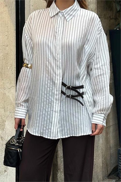 Kadın Ekru Oversize Çizgili Gömlek Tokalı Detaylı ESR076