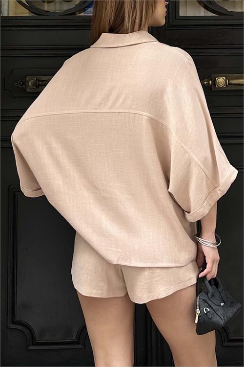 Kadın Pudra Keten Salaş Gömlek Şort Takım ESR037 