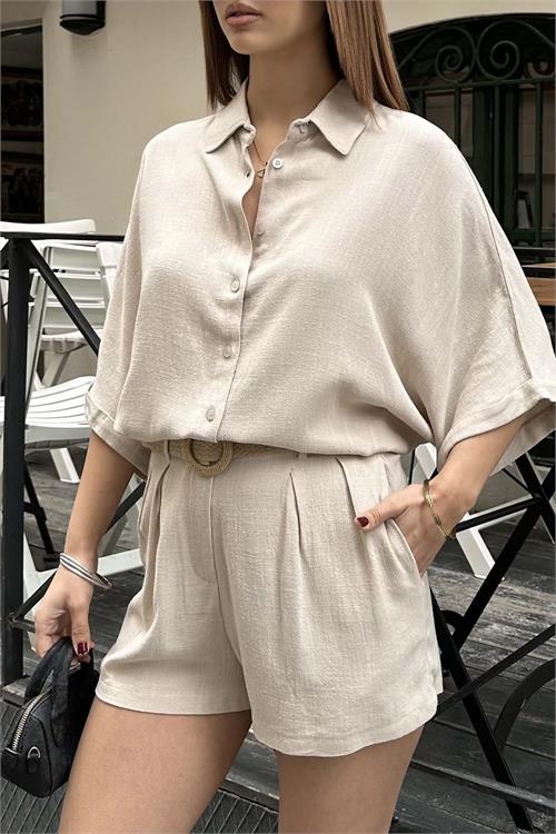 Kadın Bej Keten Salaş Gömlek Şort Takım ESR037 