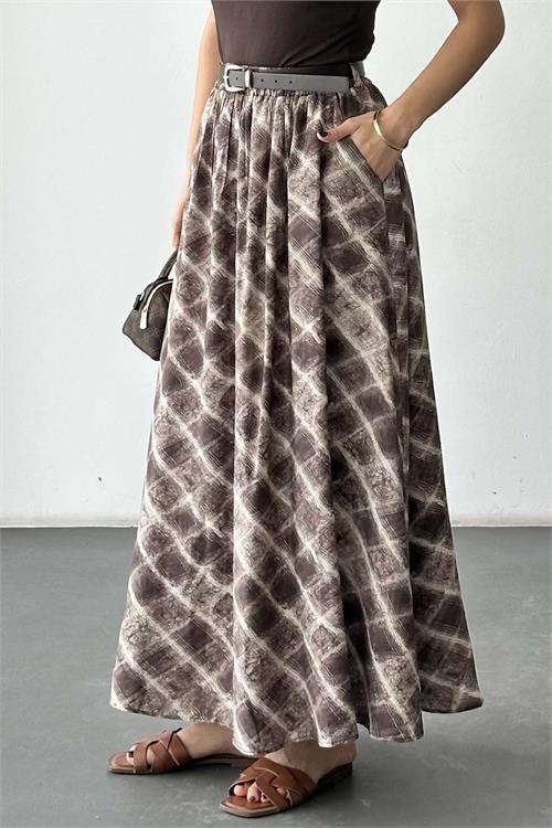 Kadın Desenli Tesettür Uzun Etek Kemer Detaylı ESR060 