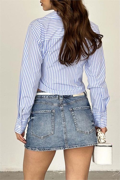 Kadın Mavi Çizgili Bağlama Detaylı Kruvaze Gömlek ESR062 