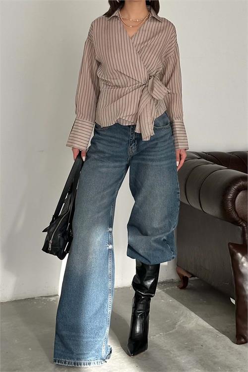 Kadın Vizon Çizgili Kruvaze Bağlama Detaylı Gömlek ESR064 