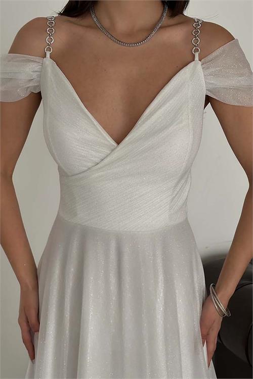 Kadın Beyaz Işıltılı Omuz Detaylı Büyük Beden Abiye Elbise ESR068 