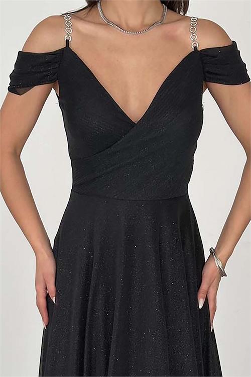 Kadın Siyah Işıltılı Omuz Detaylı Büyük Beden Abiye Elbise ESR068 