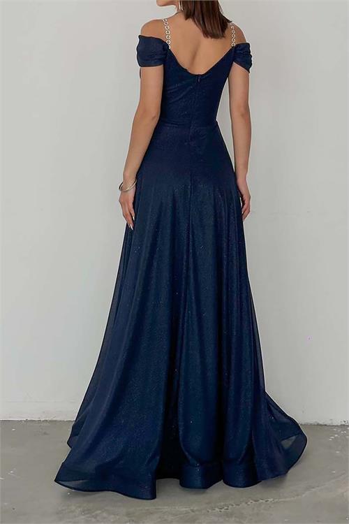 Kadın Lacivert Işıltılı Omuz Detaylı Büyük Beden Abiye Elbise ESR068 