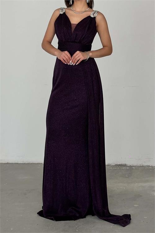 Kadın Mor Simli Kumaş Büyük Beden Abiye Elbise ESR073 