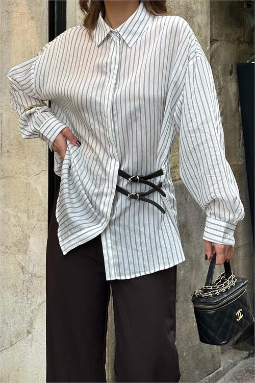 Kadın Ekru Oversize Çizgili Gömlek Tokalı Detaylı ESR076