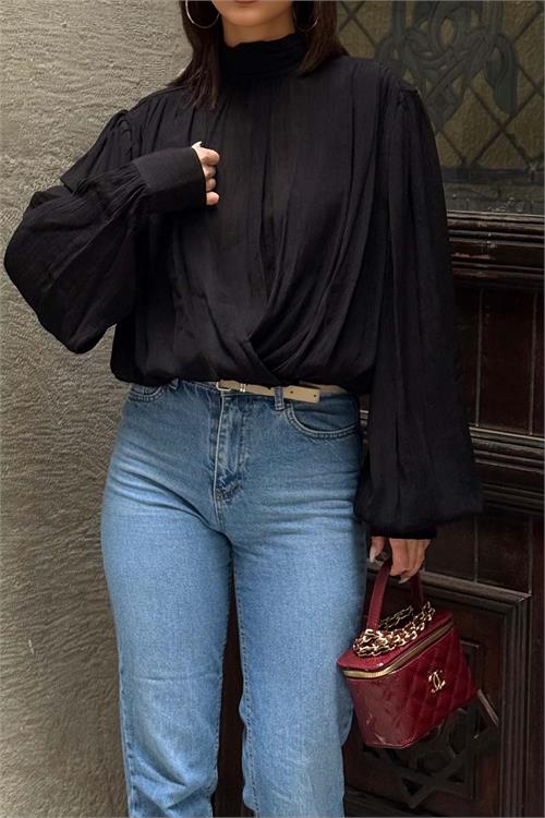 Kadın Siyah Drapeli Bluz Balıkçı Yaka Uzun Kollu ESR077