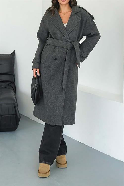 XXL Butik kadın antrasit ithal kumaş kaşe kaban X-NBMYLK26