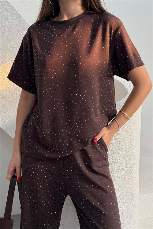 Kadın Kahverengi Modal Kumaş Taş Detaylı Pantolon Tişört Takım ESR044 
