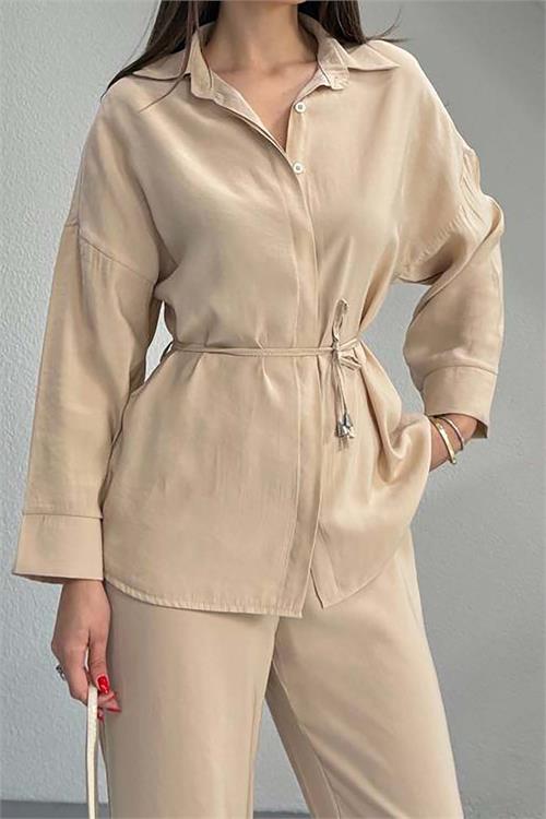 Kadın Bej Modal Gömlek Yaka Büzgü Detaylı Pantolon Takım ESR045 