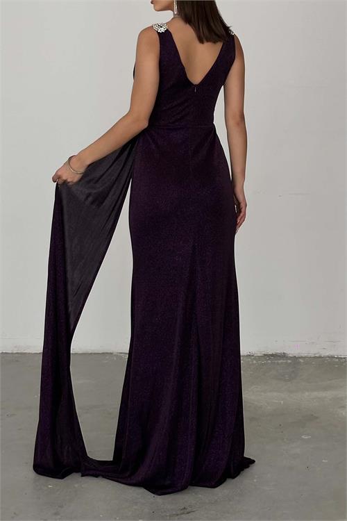 Kadın Mor Simli Kumaş Büyük Beden Abiye Elbise ESR073 