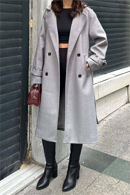 XXL Butik kadın Gri Melanj ithal kumaş kaşe kaban X-NBMYLK26