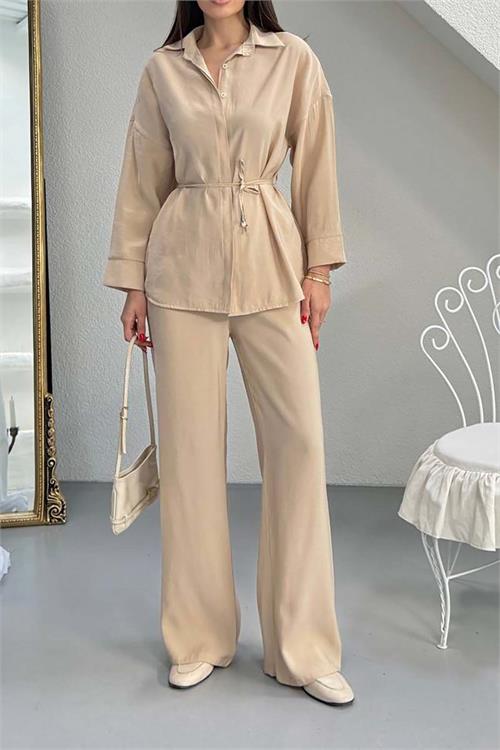 Kadın Bej Modal Gömlek Yaka Büzgü Detaylı Pantolon Takım ESR045 
