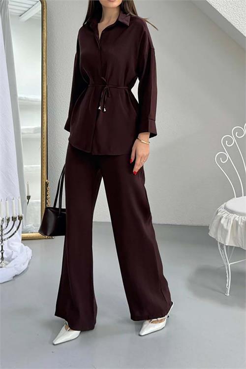Kadın Acı Kahve Modal Gömlek Yaka Büzgü Detaylı Pantolon Takım ESR045 