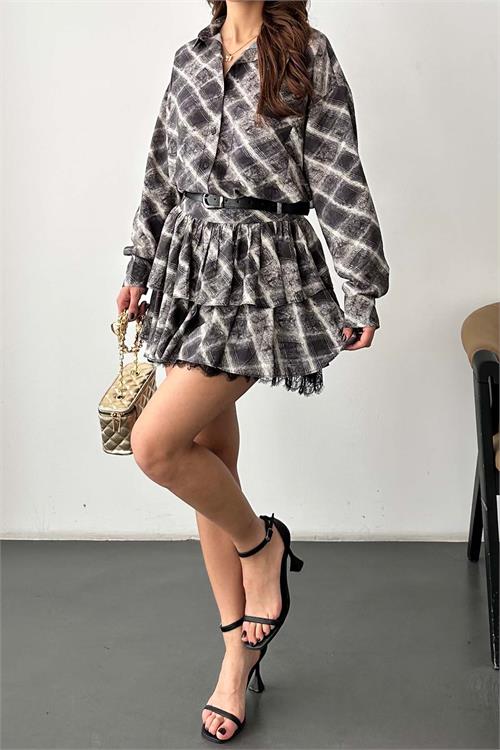 Kadın Ekose Gömlek Yaka Etek Takım – Kemer Dahil ESR049 