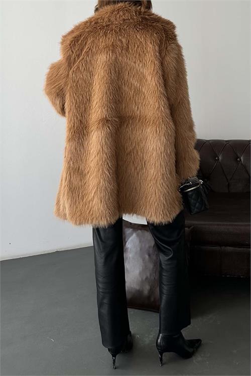 Kadın Taba Kürk Kruvaze Yaka Düğmeli Oversize Mont ESR001 