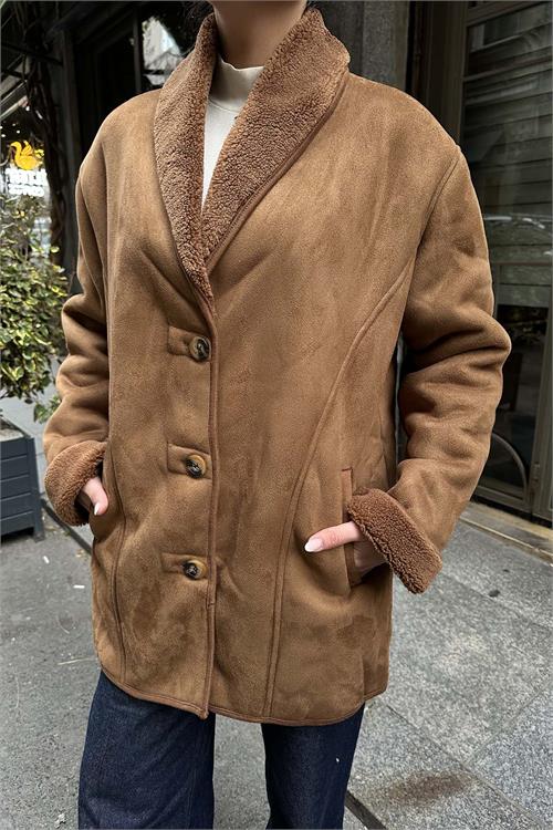 Kadın Kahverengi Süet Görünümlü İçi Kürklü Ceket ESR021 