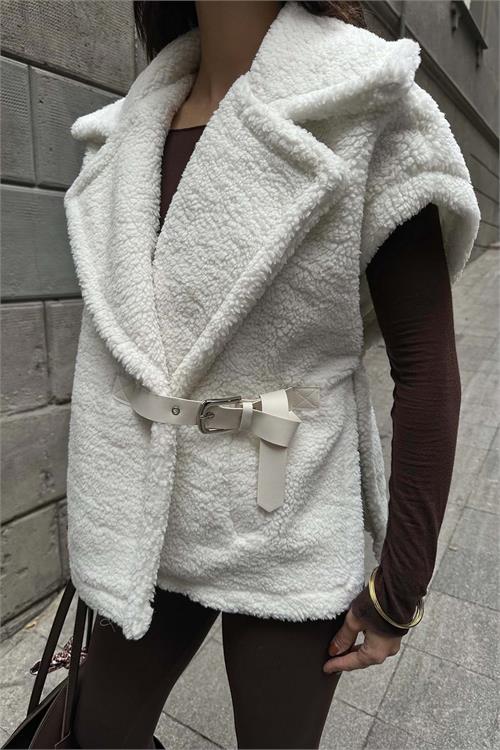 Kadın Ekru Peluş Yelek Kemer Detaylı Oversize ESR026 
