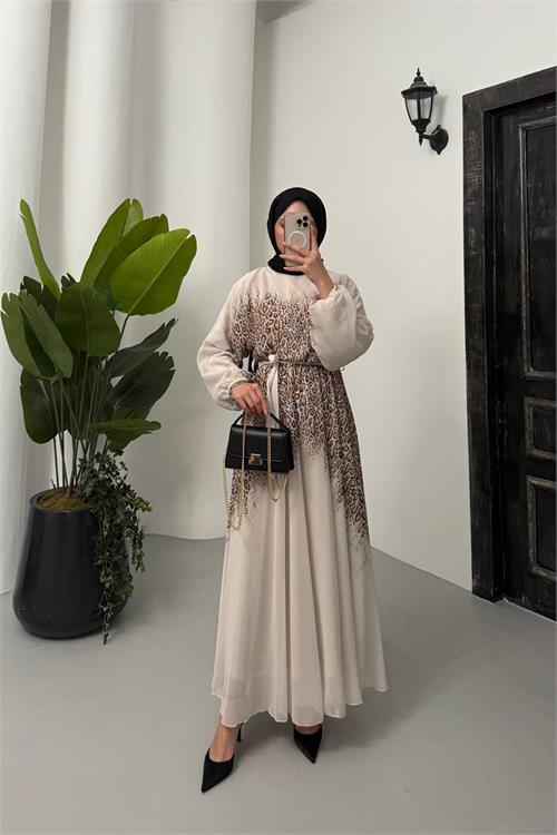 XXL Butik kadın şifon kumaş kuşaklı kayık yaka tesettür elbise X-NMS055 