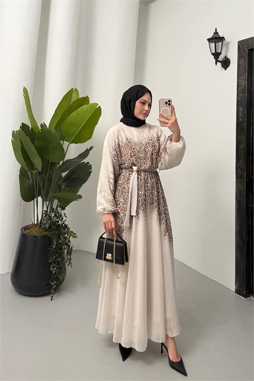 XXL Butik kadın şifon kumaş kuşaklı kayık yaka tesettür elbise X-NMS055 