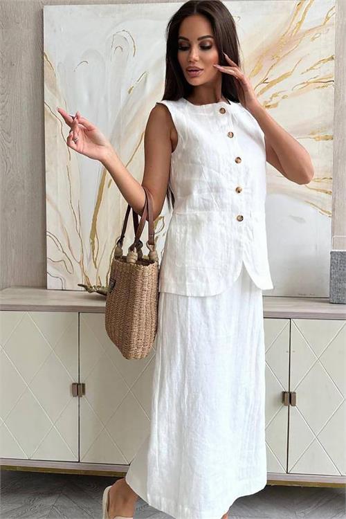 XXL Butik kadın beyaz astarsız yazlık keten takım X-NBEMP1072 
