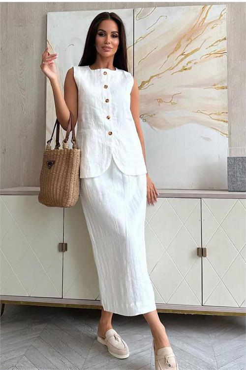 XXL Butik kadın beyaz astarsız yazlık keten takım X-NBEMP1072 