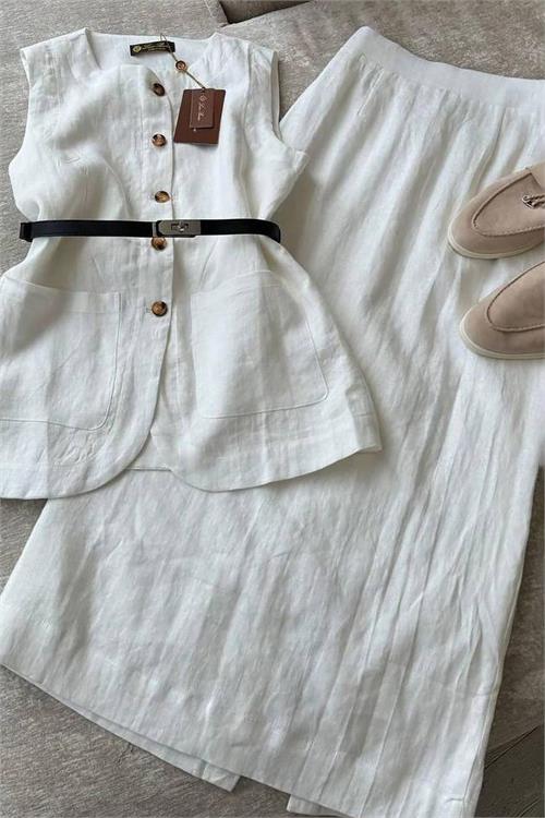 XXL Butik kadın beyaz astarsız yazlık keten takım X-NBEMP1072 